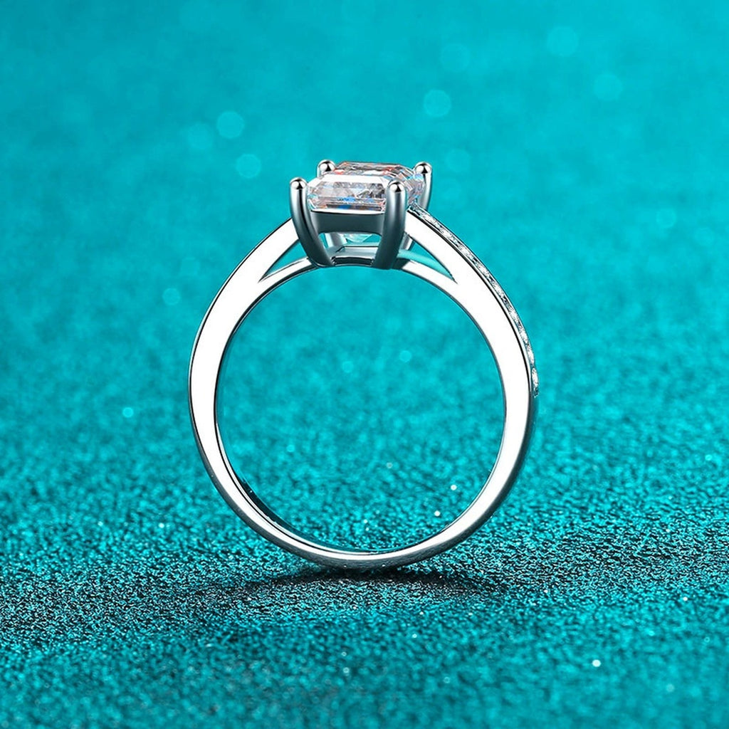 Emerald and Radiant Cut Moissanite Ring with CZ product view showing moissanite setting and metal finish
