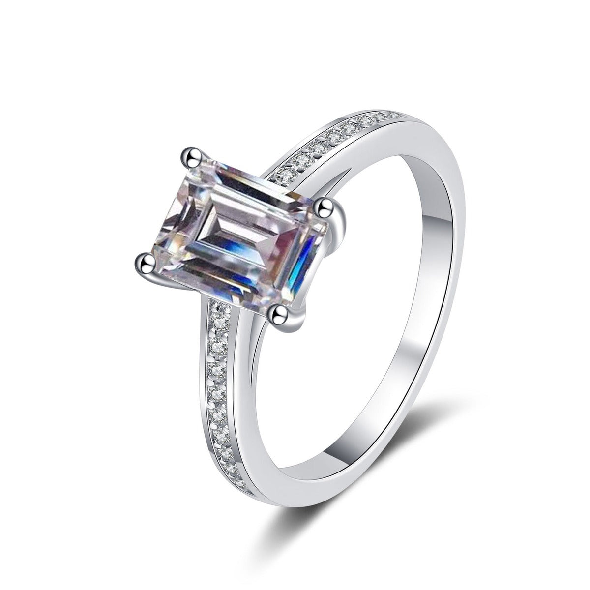 Emerald and Radiant Cut Moissanite Ring with CZ in rhodium-plated S925 sterling silver on clean white background