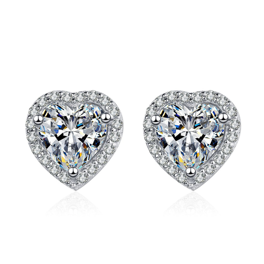 Heart Moissanite Stud Earrings with CZ in Rhodium-Plated S925 sterling silver white background product photo showing the pair, stone shape, and stud earrings silhouette