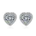 Heart Moissanite Stud Earrings with CZ in Rhodium-Plated S925 sterling silver white background product photo showing the pair, stone shape, and stud earrings silhouette