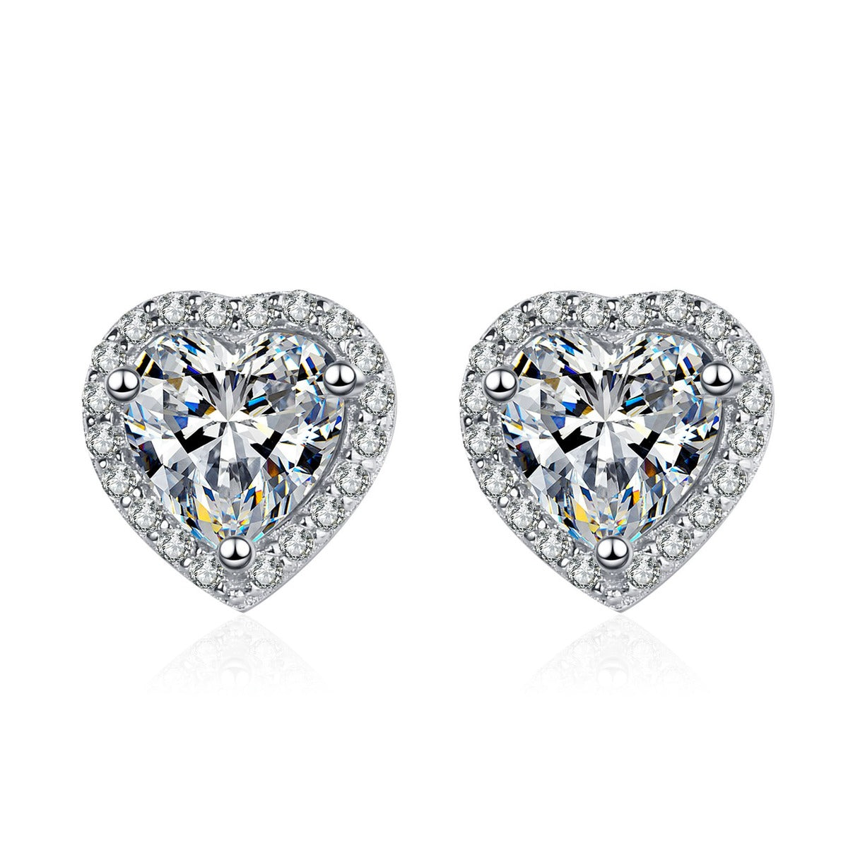 Heart Moissanite Stud Earrings with CZ in Rhodium-Plated S925 sterling silver white background product photo showing the pair, stone shape, and stud earrings silhouette