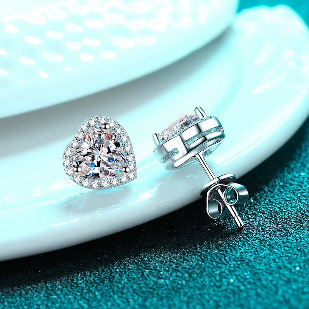 Heart Moissanite Stud Earrings with CZ in Rhodium-Plated S925 sterling silver product scene view showing front sparkle