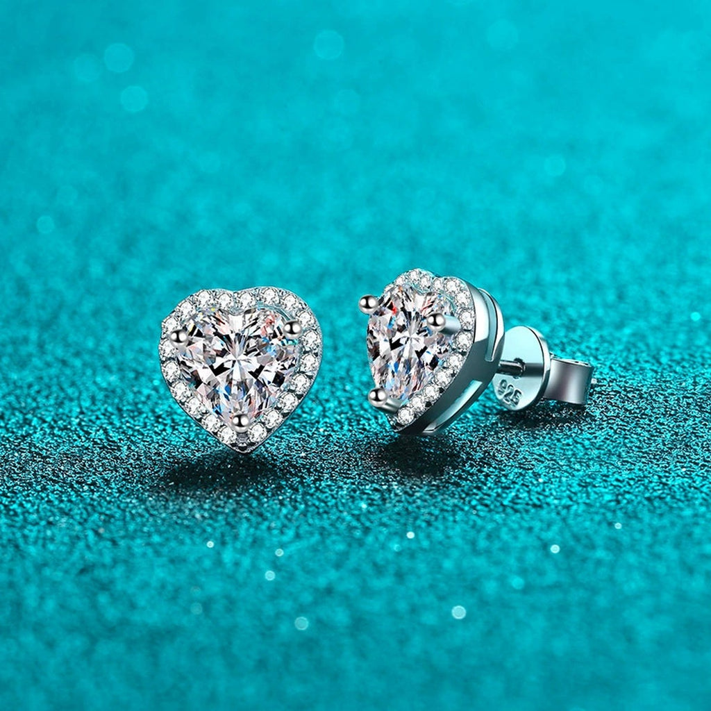 Heart Moissanite Stud Earrings with CZ in Rhodium-Plated S925 sterling silver product scene view showing angled setting detail