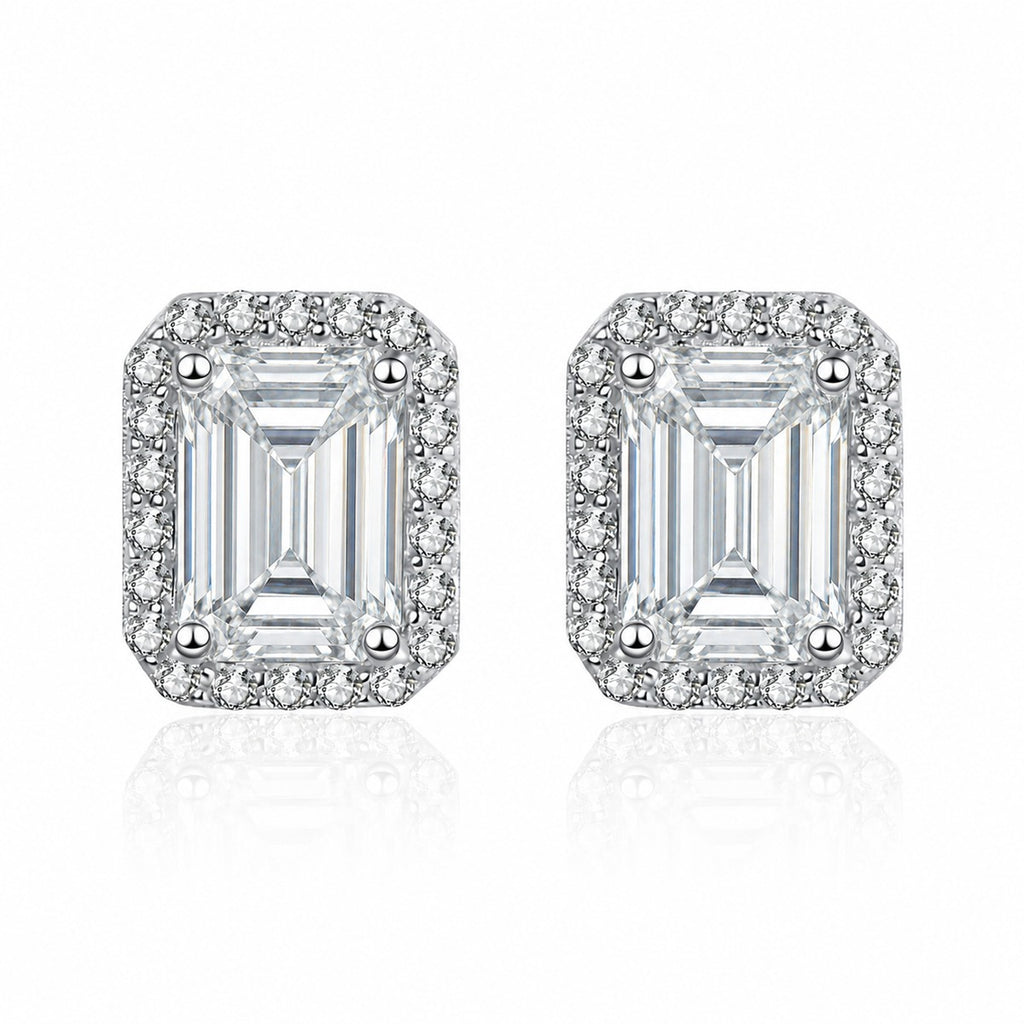 Emerald and Radiant Moissanite Stud Earrings with CZ in Rhodium-Plated S925 sterling silver white background product photo showing the pair, stone shape, and stud earrings silhouette