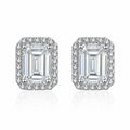 Emerald and Radiant Moissanite Stud Earrings with CZ in Rhodium-Plated S925 sterling silver white background product photo showing the pair, stone shape, and stud earrings silhouette