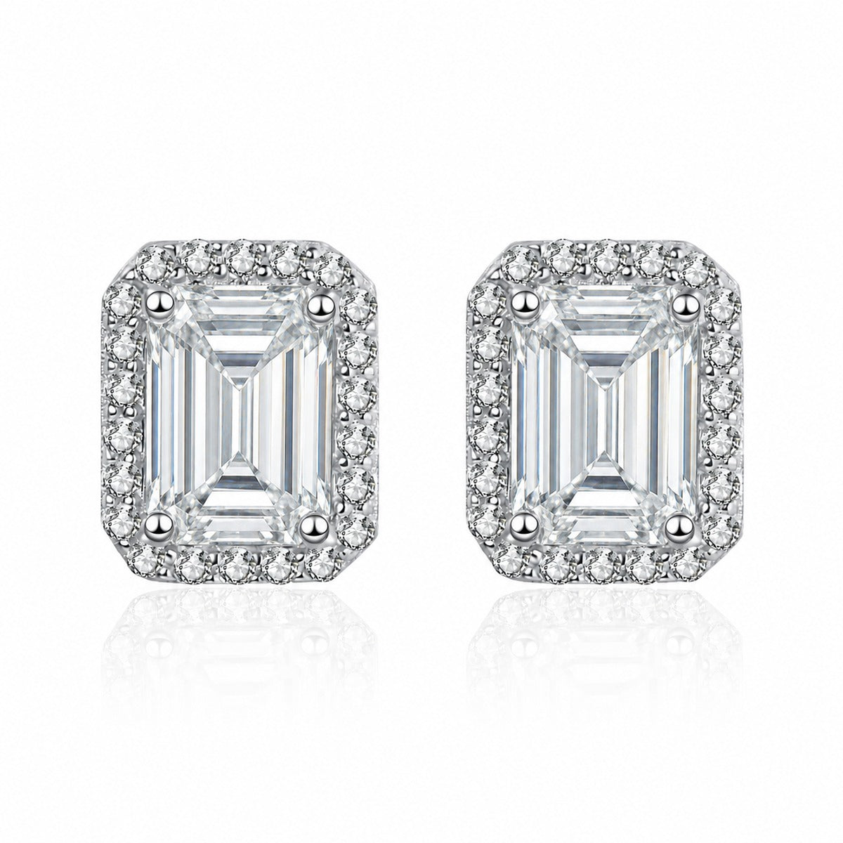 Emerald and Radiant Moissanite Stud Earrings with CZ in Rhodium-Plated S925 sterling silver white background product photo showing the pair, stone shape, and stud earrings silhouette