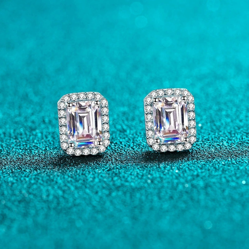 Emerald and Radiant Moissanite Stud Earrings with CZ in Rhodium-Plated S925 sterling silver product scene view showing front sparkle
