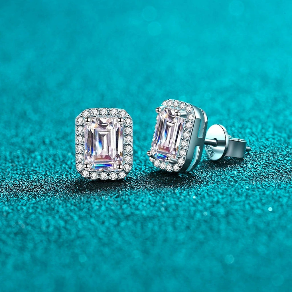 Emerald and Radiant Moissanite Stud Earrings with CZ in Rhodium-Plated S925 sterling silver product scene view showing angled setting detail