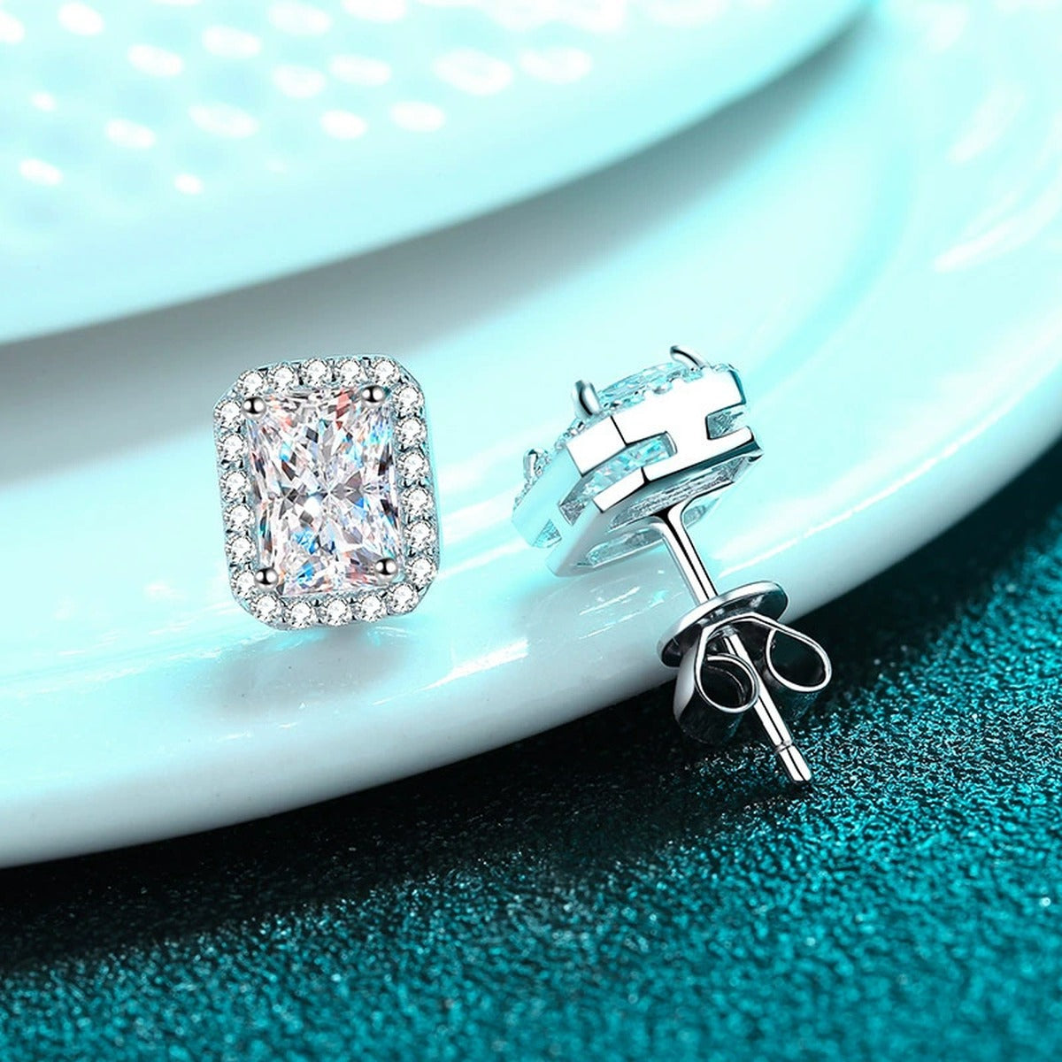 Emerald and Radiant Moissanite Stud Earrings with CZ in Rhodium-Plated S925 sterling silver product scene view showing side profile
