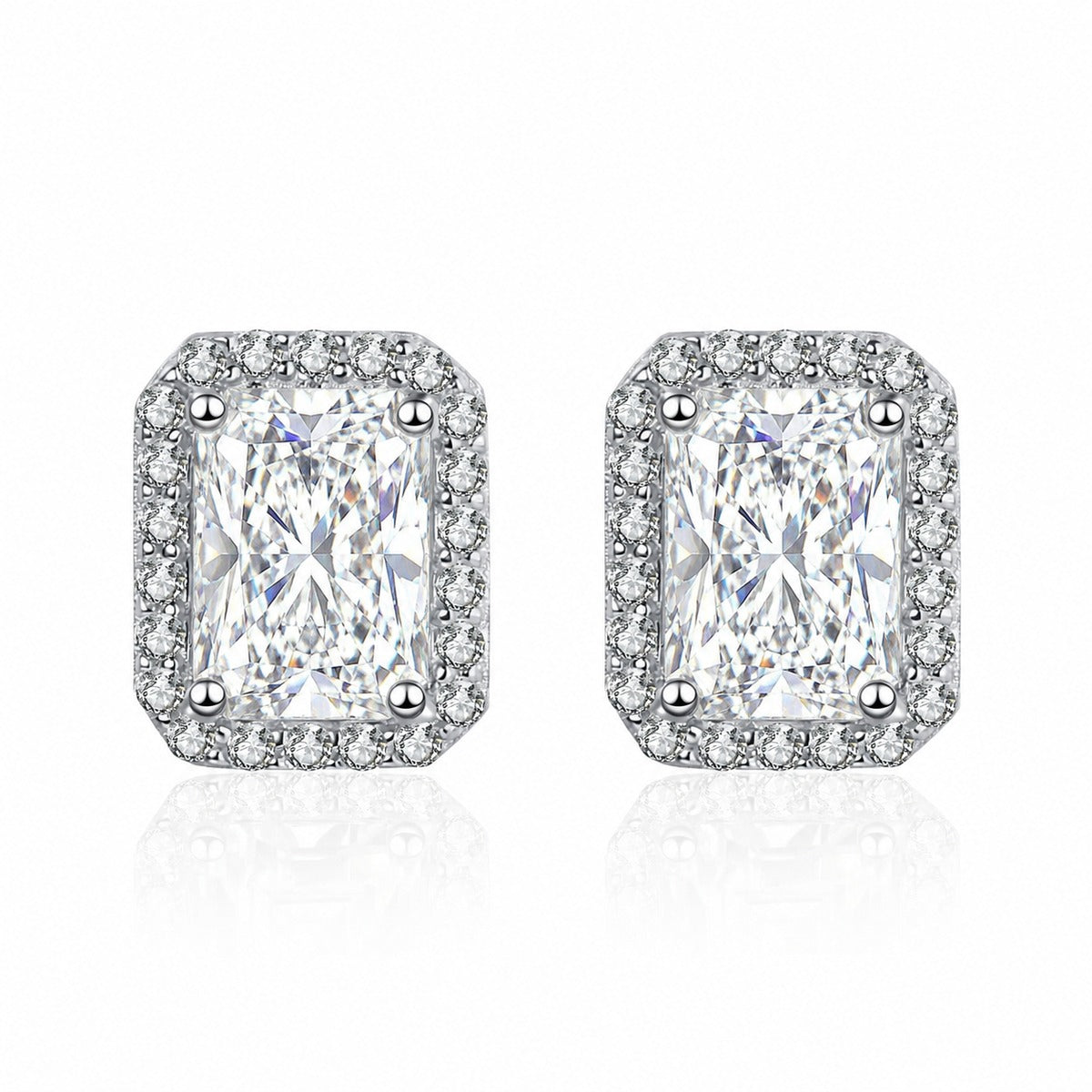 Emerald and Radiant Moissanite Stud Earrings with CZ in Rhodium-Plated S925 sterling silver product scene view showing pair comparison