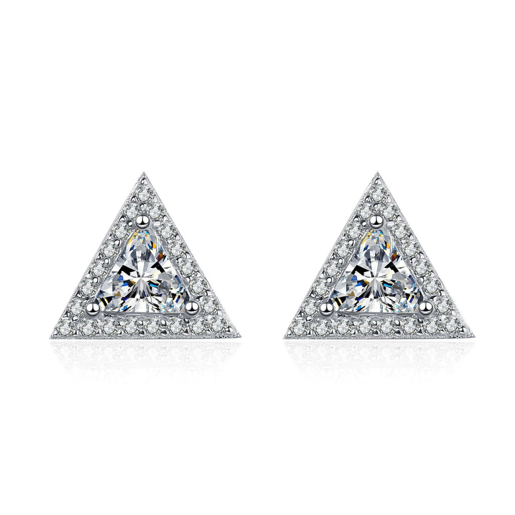 Trillion Moissanite Stud Earrings with CZ in Rhodium-Plated S925 sterling silver white background product photo showing the pair, stone shape, and stud earrings silhouette