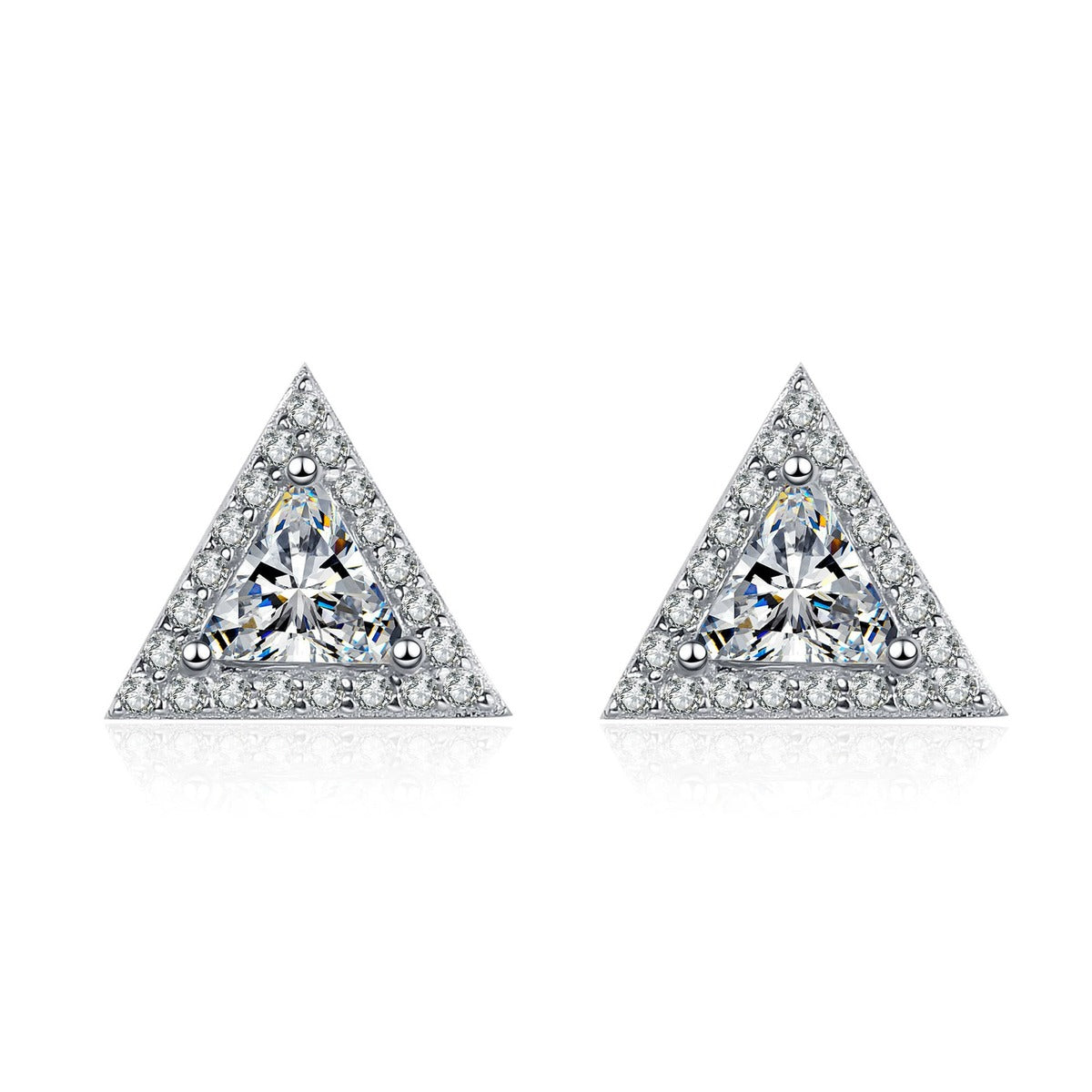 Trillion Moissanite Stud Earrings with CZ in Rhodium-Plated S925 sterling silver white background product photo showing the pair, stone shape, and stud earrings silhouette