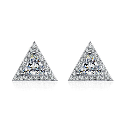 Trillion Moissanite Stud Earrings with CZ in Rhodium-Plated S925 sterling silver white background product photo showing the pair, stone shape, and stud earrings silhouette