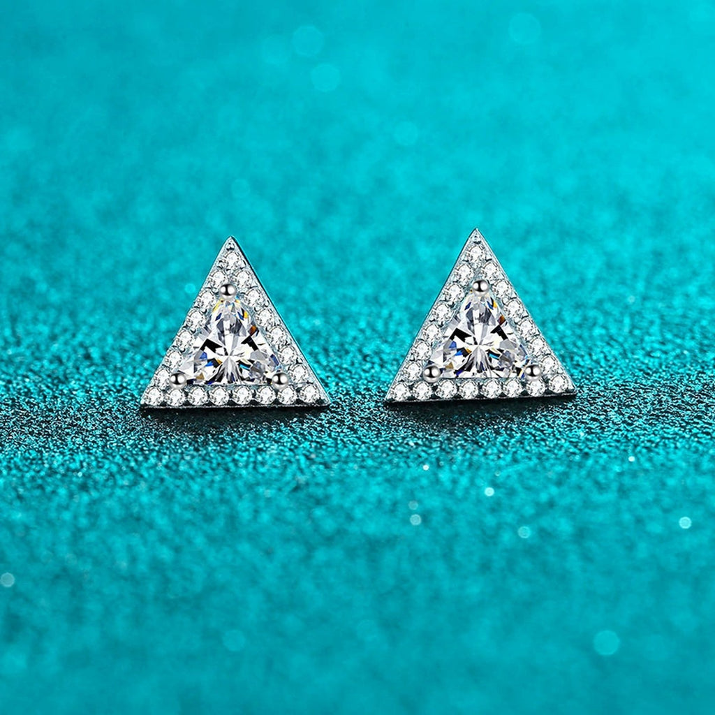 Trillion Moissanite Stud Earrings with CZ in Rhodium-Plated S925 sterling silver product scene view showing front sparkle
