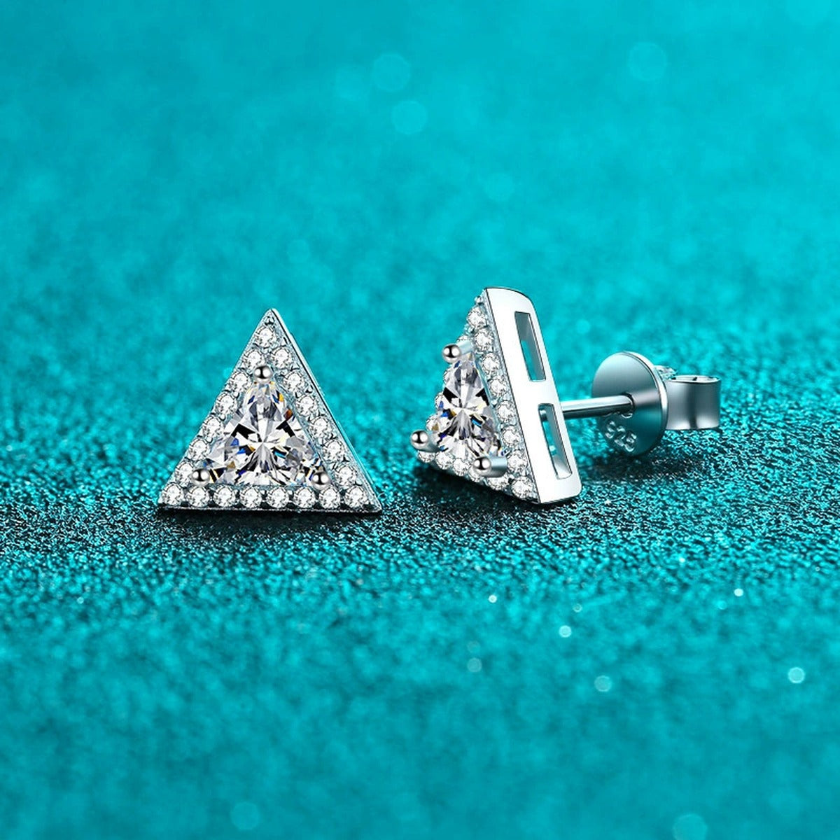 Trillion Moissanite Stud Earrings with CZ in Rhodium-Plated S925 sterling silver product scene view showing angled setting detail