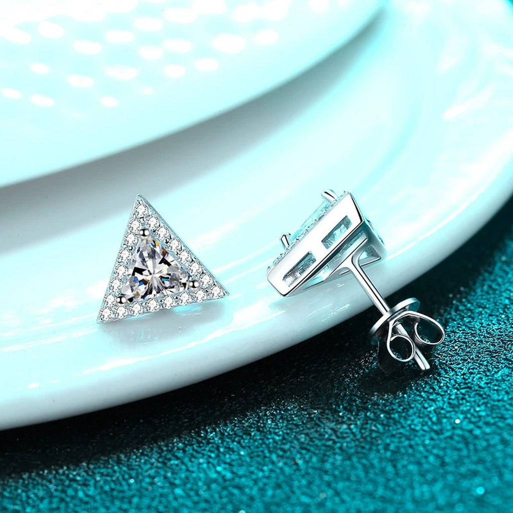 Trillion Moissanite Stud Earrings with CZ in Rhodium-Plated S925 sterling silver product scene view showing side profile