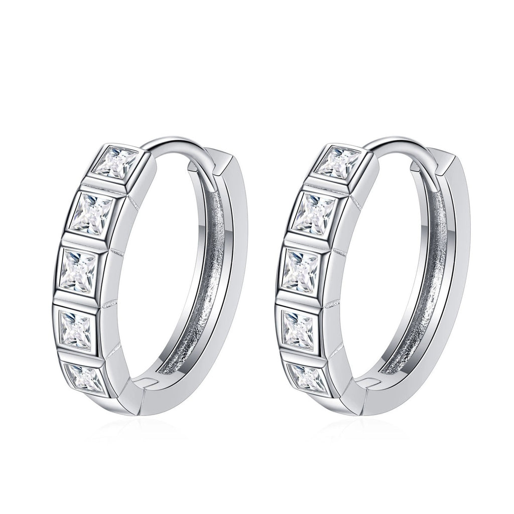 Princess Cut Moissanite Hoop Earrings in Rhodium-Plated S925 sterling silver white background product photo showing the pair, stone shape, and hoop earrings silhouette