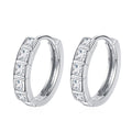 Princess Cut Moissanite Hoop Earrings in Rhodium-Plated S925 sterling silver white background product photo showing the pair, stone shape, and hoop earrings silhouette