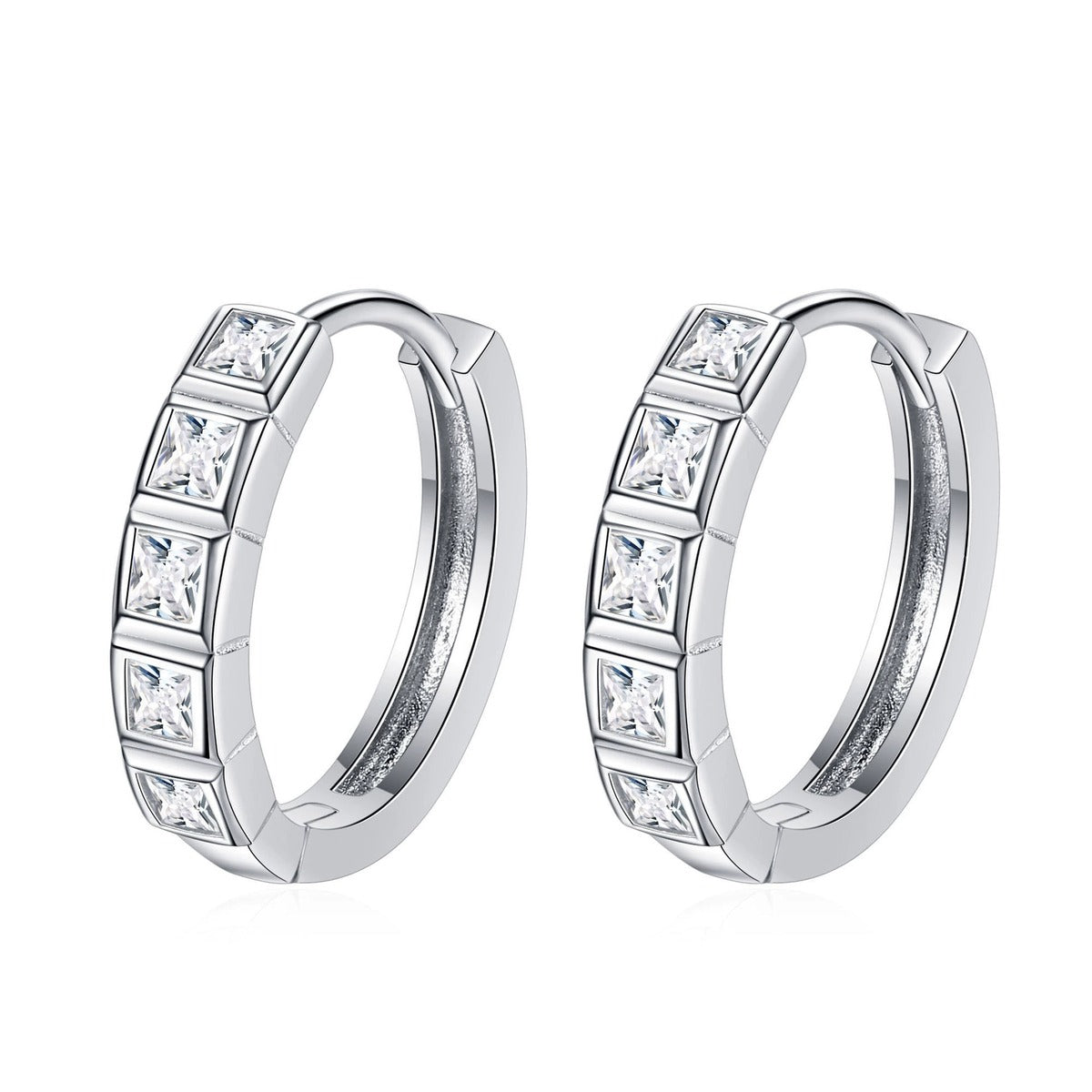 Princess Cut Moissanite Hoop Earrings in Rhodium-Plated S925 sterling silver white background product photo showing the pair, stone shape, and hoop earrings silhouette