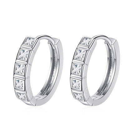 Princess Cut Moissanite Hoop Earrings in Rhodium-Plated S925 sterling silver white background product photo showing the pair, stone shape, and hoop earrings silhouette