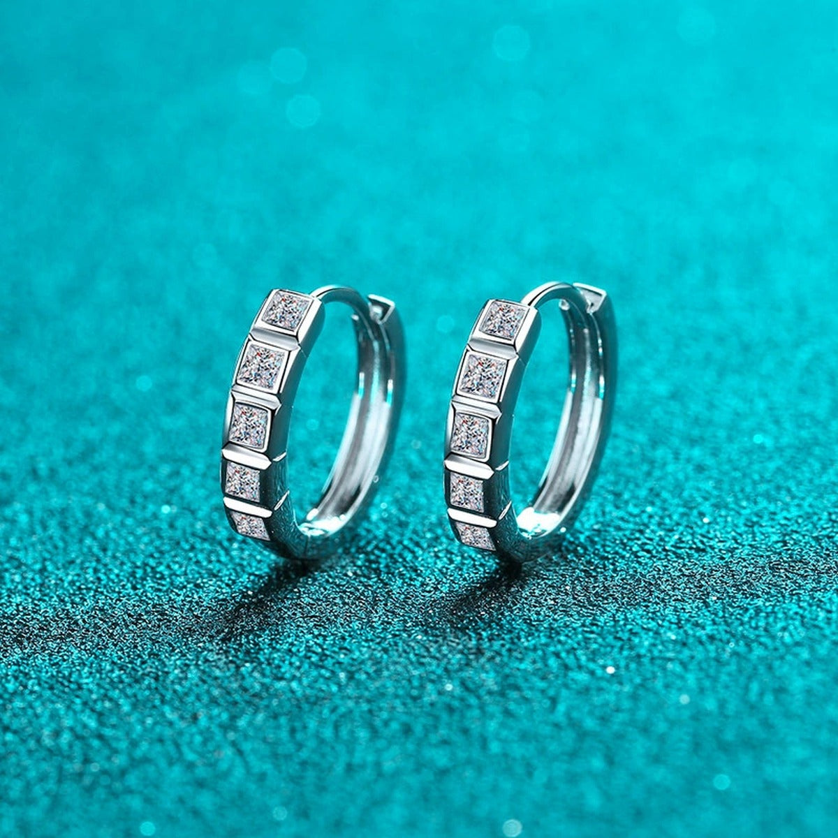 Princess Cut Moissanite Hoop Earrings in Rhodium-Plated S925 sterling silver product scene view showing front sparkle