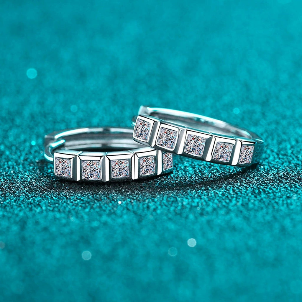 Princess Cut Moissanite Hoop Earrings in Rhodium-Plated S925 sterling silver product scene view showing angled setting detail