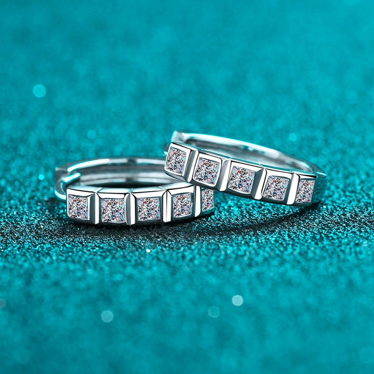 Princess Cut Moissanite Hoop Earrings in Rhodium-Plated S925 sterling silver product scene view showing angled setting detail