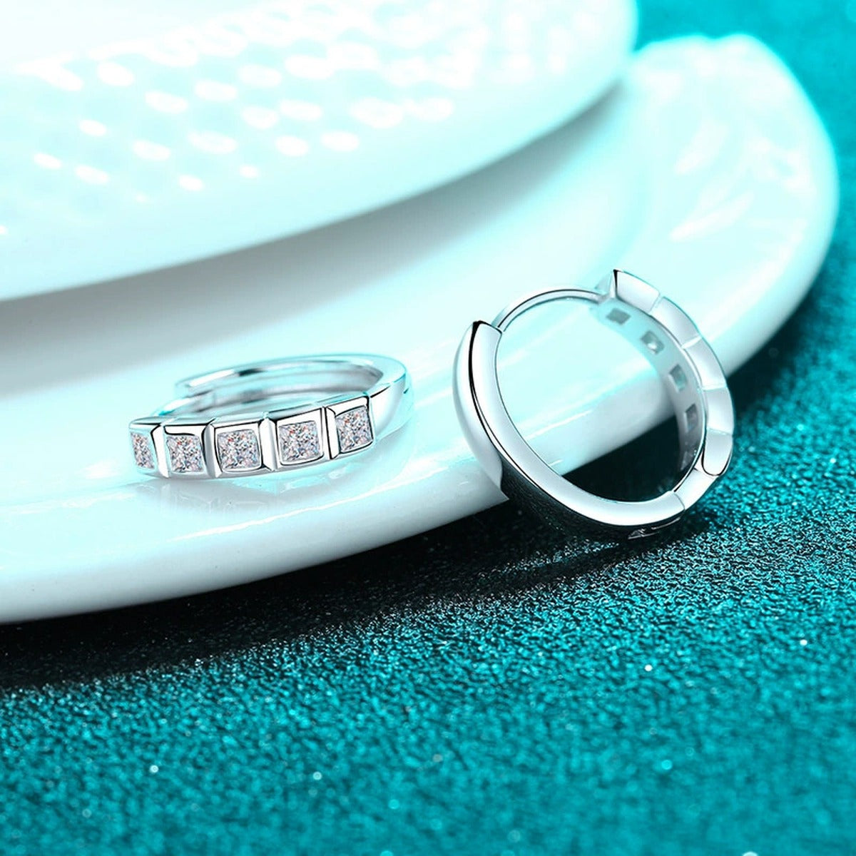 Princess Cut Moissanite Hoop Earrings in Rhodium-Plated S925 sterling silver product scene view showing side profile