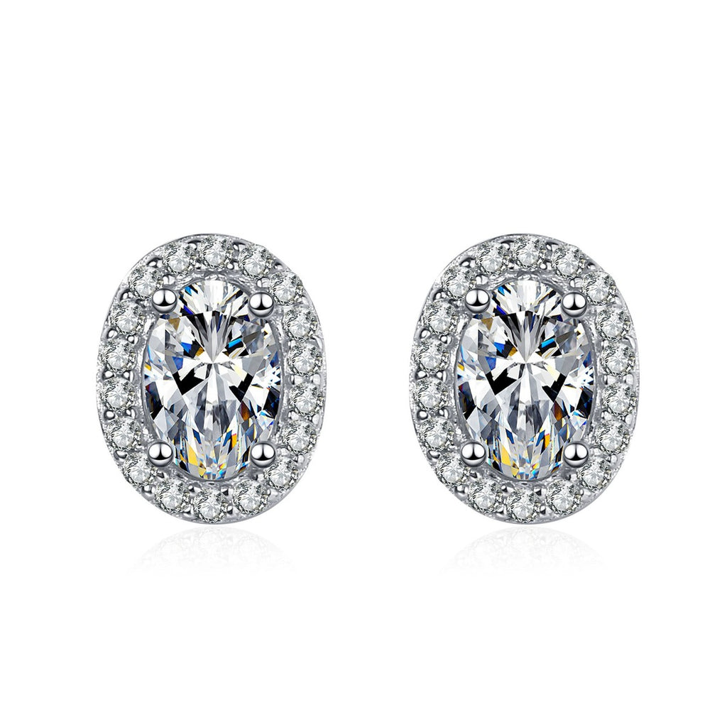 Oval Moissanite Stud Earrings with CZ in Rhodium-Plated S925 sterling silver white background product photo showing the pair, stone shape, and stud earrings silhouette