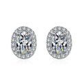 Oval Moissanite Stud Earrings with CZ in Rhodium-Plated S925 sterling silver white background product photo showing the pair, stone shape, and stud earrings silhouette