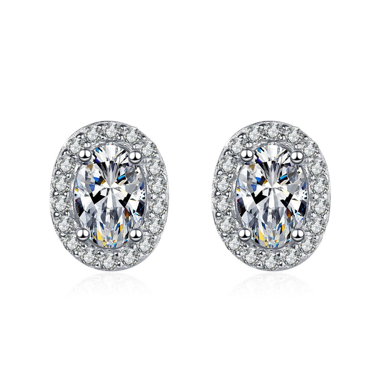 Oval Moissanite Stud Earrings with CZ in Rhodium-Plated S925 sterling silver white background product photo showing the pair, stone shape, and stud earrings silhouette