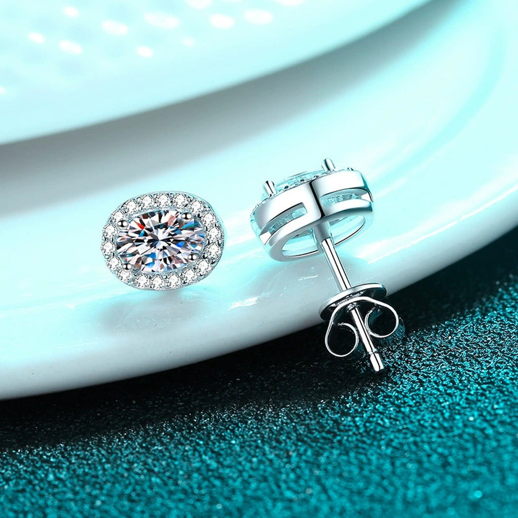 Oval Moissanite Stud Earrings with CZ in Rhodium-Plated S925 sterling silver product scene view showing side profile