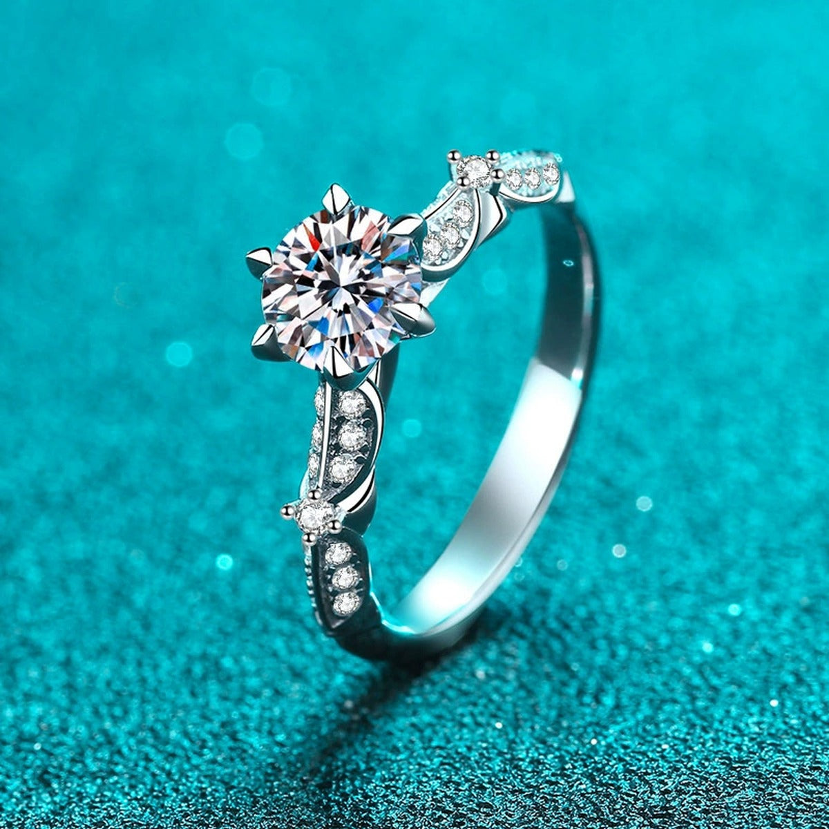 Round Moissanite Side Stone Ring with CZ product view showing moissanite setting and metal finish