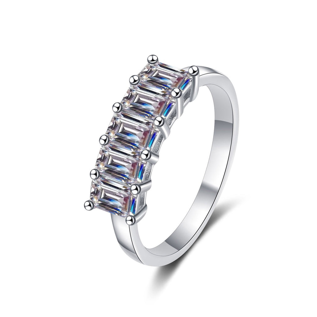 Emerald Cut Moissanite Five Stone Band Ring in Rhodium-Plated S925 Sterling Silver clean white background product photo showing the ring silhouette and moissanite setting