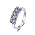 Emerald Cut Moissanite Five Stone Band Ring in Rhodium-Plated S925 Sterling Silver clean white background product photo showing the ring silhouette and moissanite setting