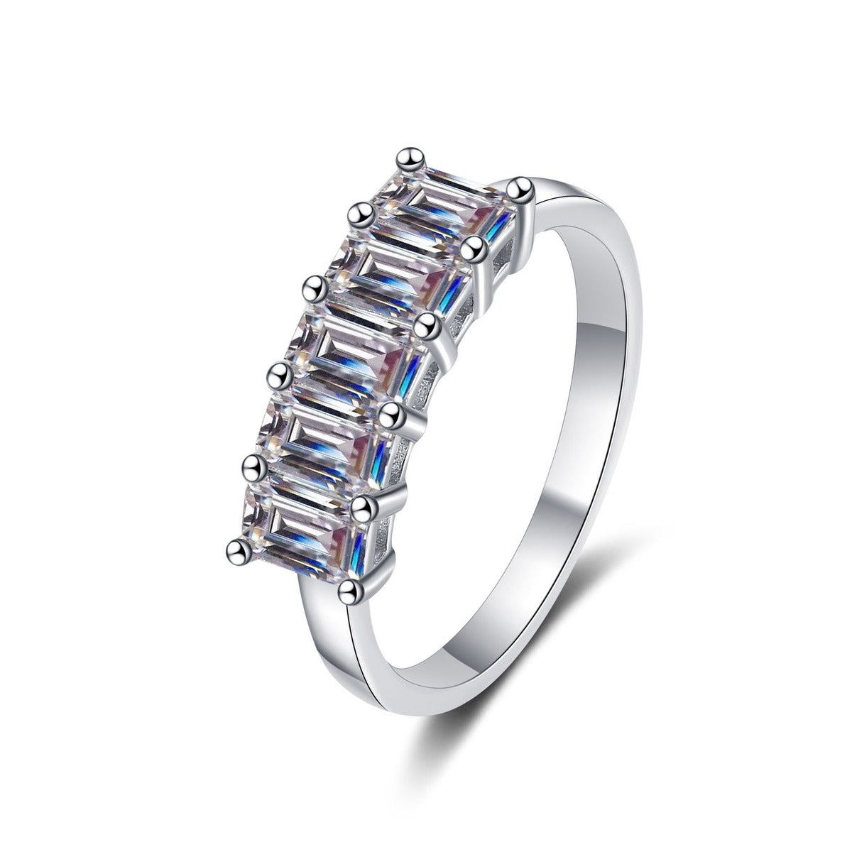 Emerald Cut Moissanite Five Stone Band Ring in Rhodium-Plated S925 Sterling Silver clean white background product photo showing the ring silhouette and moissanite setting