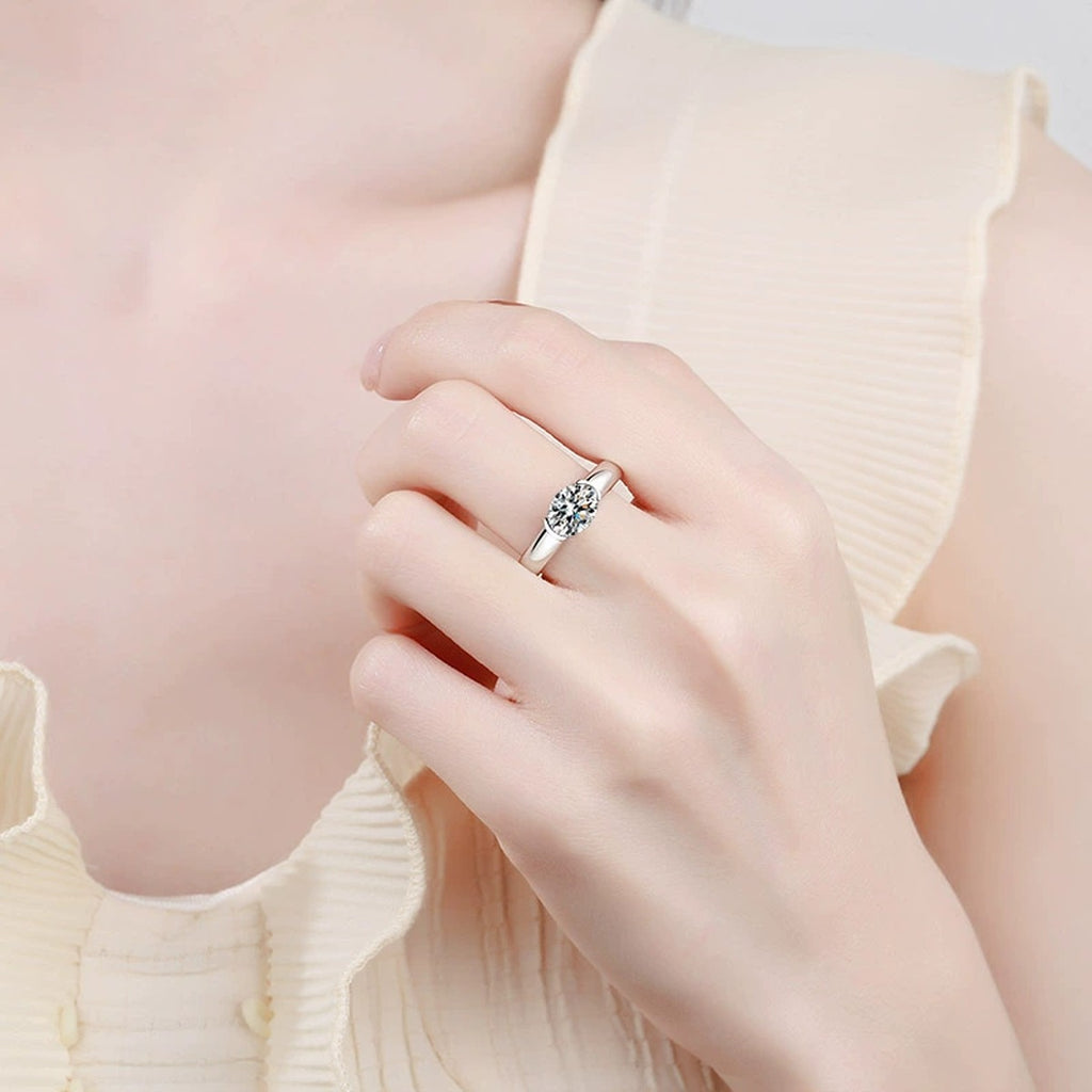 Oval Cut Moissanite Ring worn on hand to show scale and ring profile