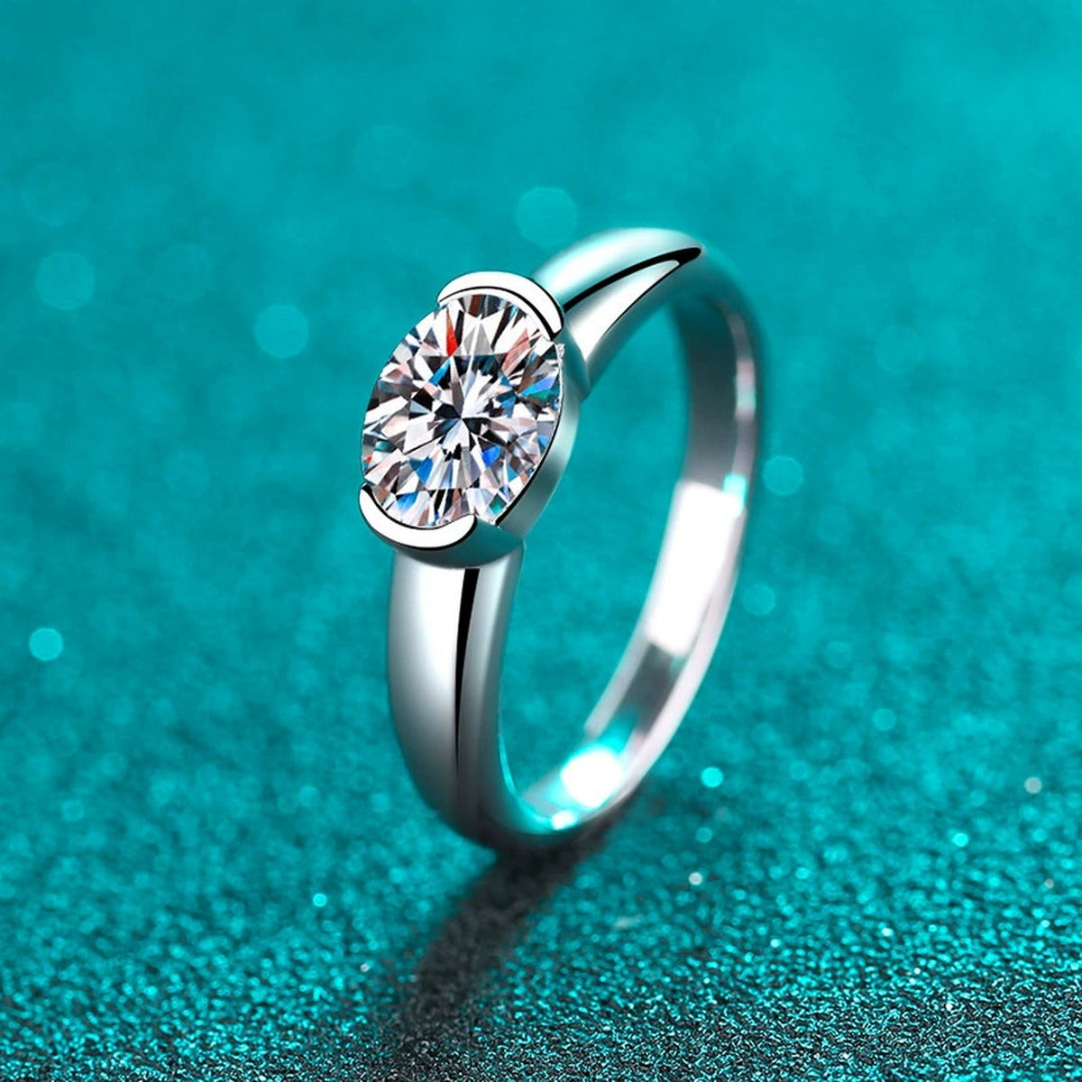 Oval Cut Moissanite Ring product view showing moissanite setting and rhodium finish