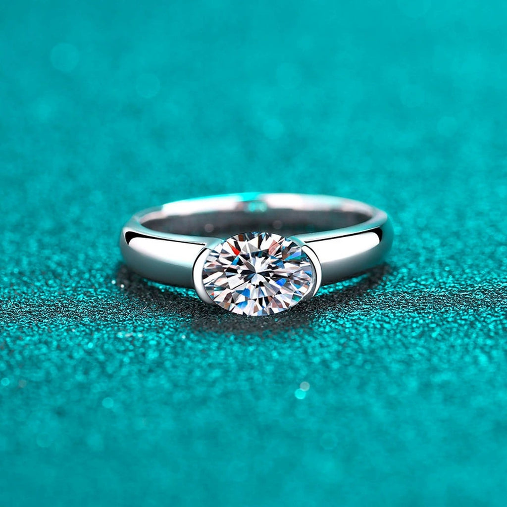 Oval Cut Moissanite Ring product view showing moissanite setting and rhodium finish