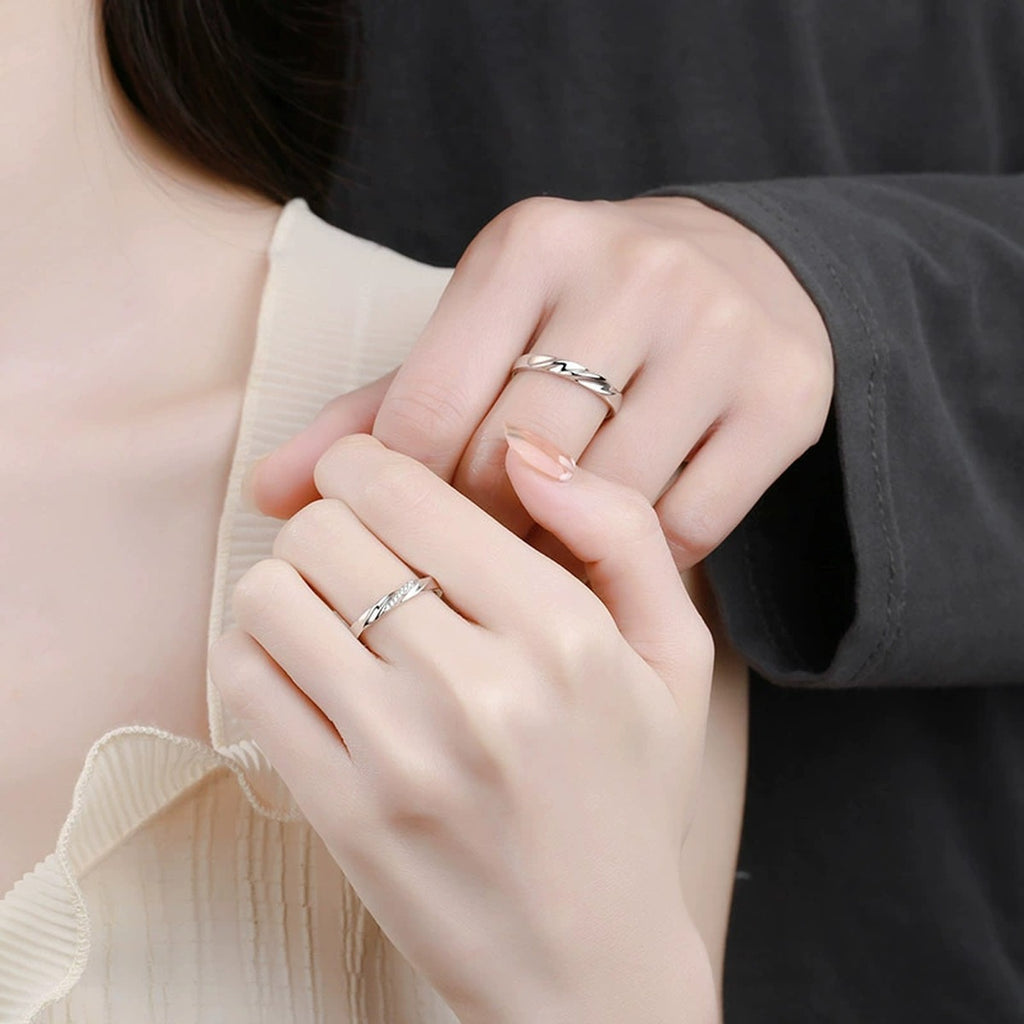Couples Promise Ring Set worn on hand to show scale and ring profile