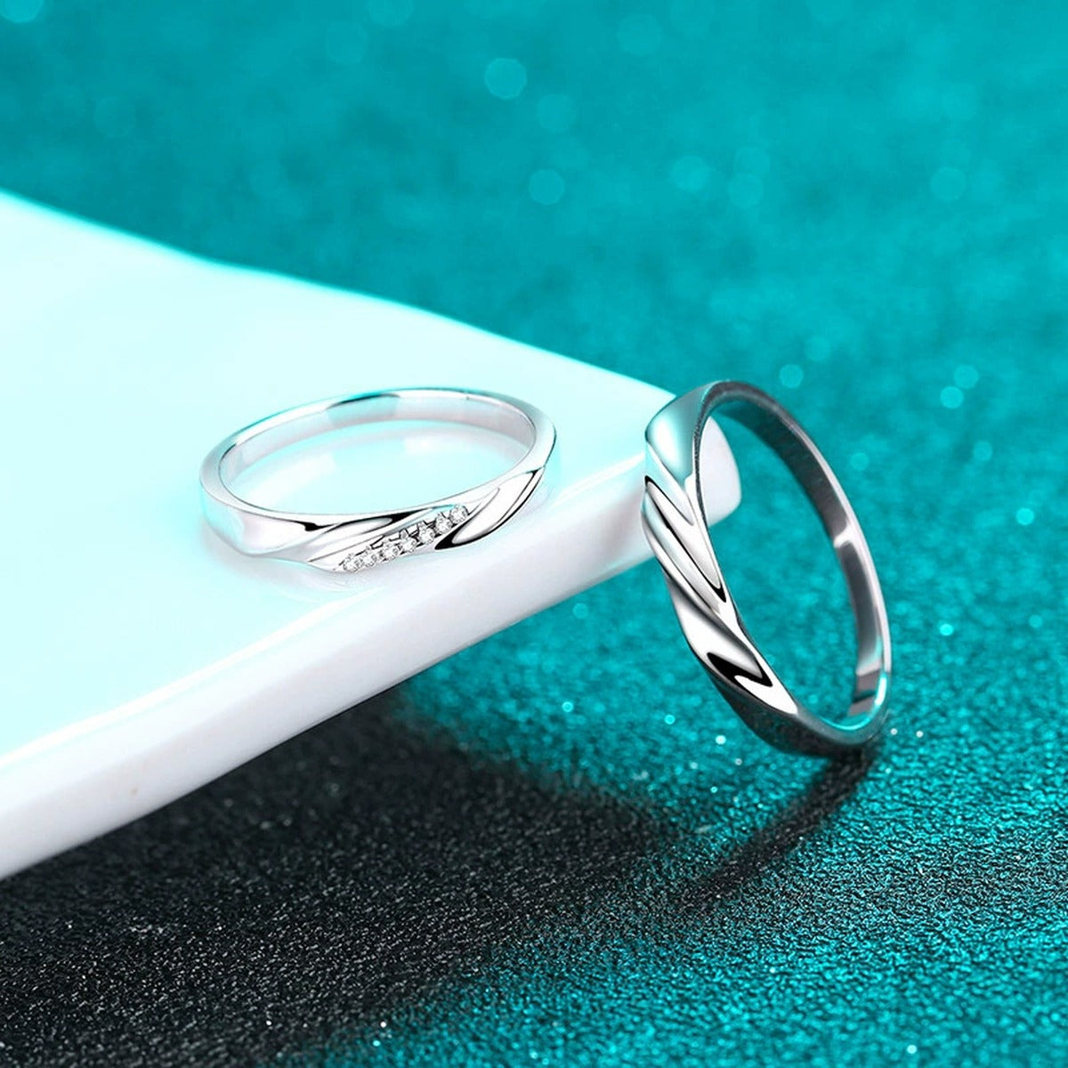 Couples Promise Ring Set product view showing moissanite setting and rhodium finish