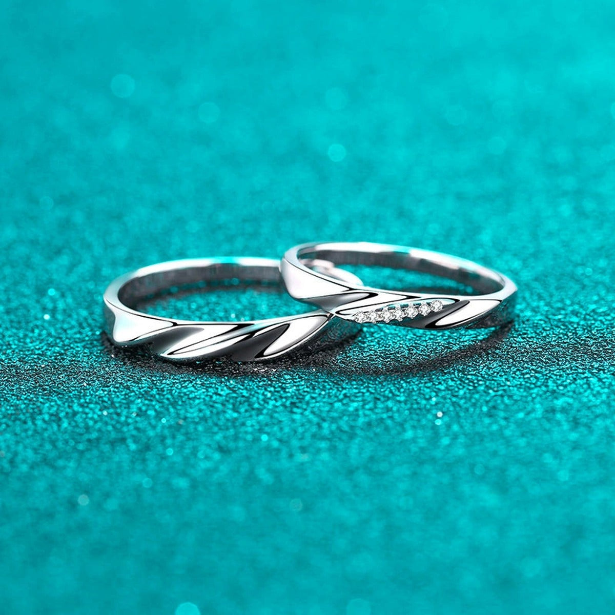 Couples Promise Ring Set product view showing moissanite setting and rhodium finish