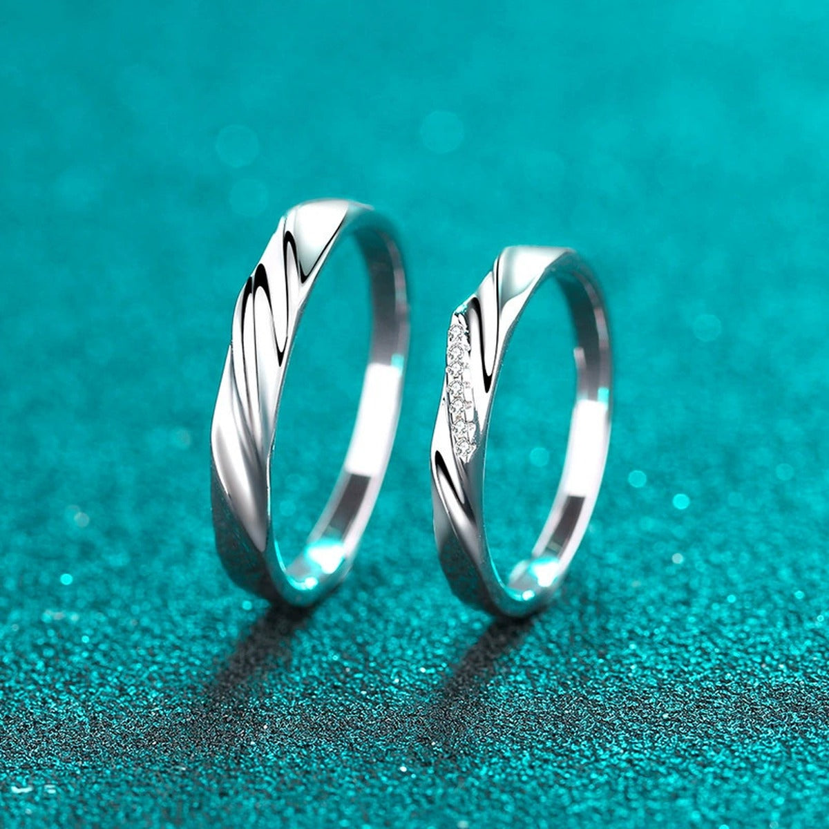 Couples Promise Ring Set product view showing moissanite setting and rhodium finish