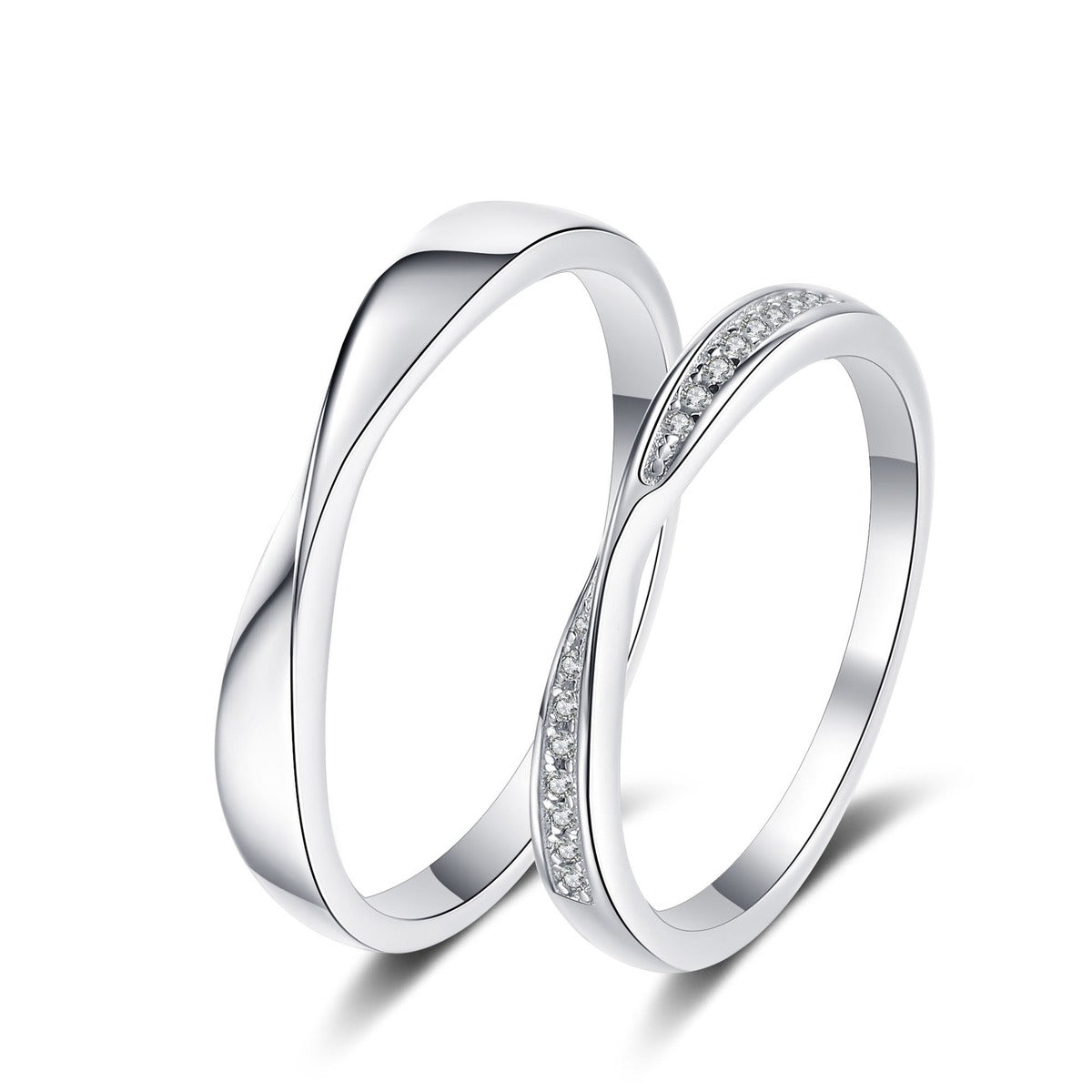Couples Promise Ring Set in rhodium-plated S925 sterling silver on clean white background