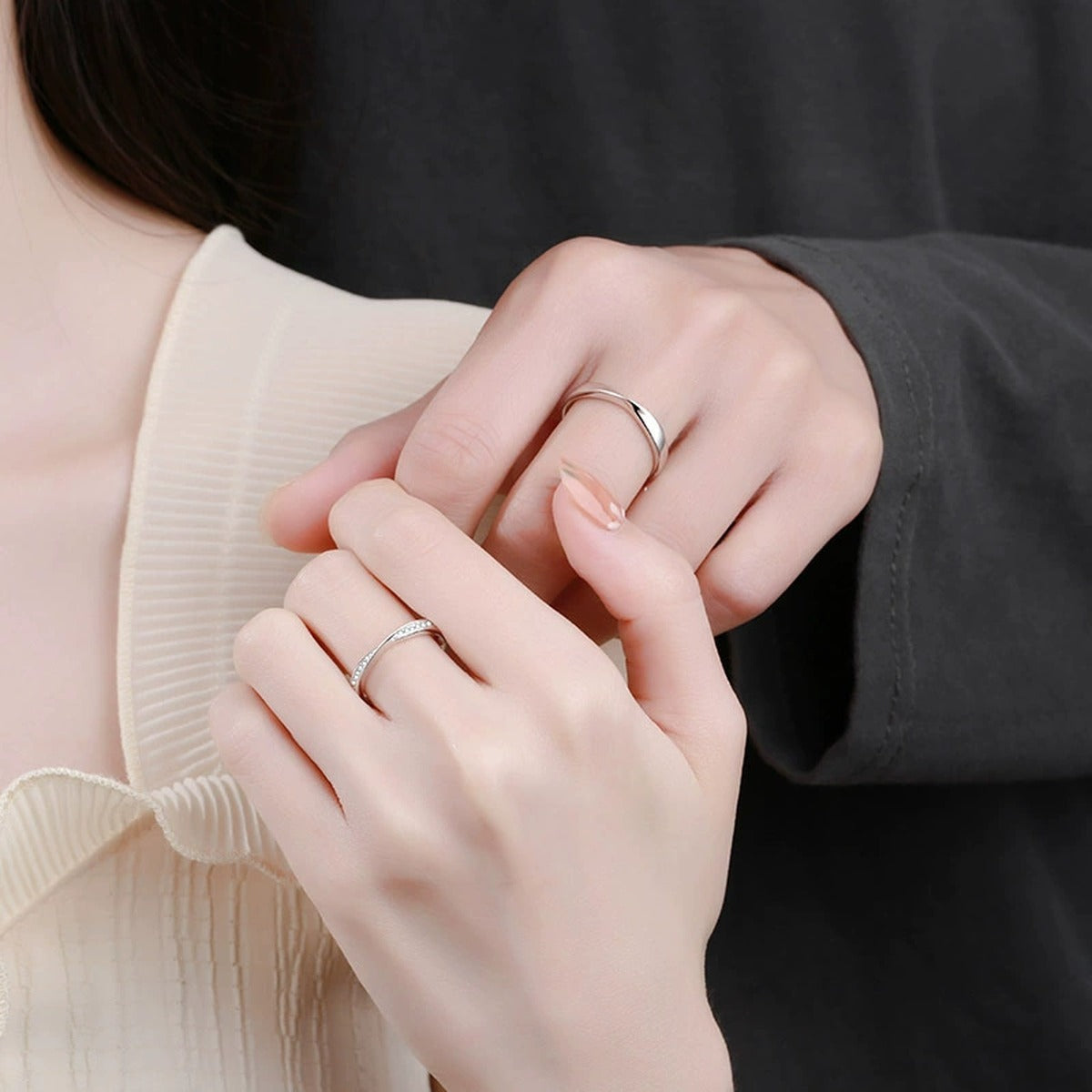 Couples Promise Ring Set worn on hand to show scale and ring profile