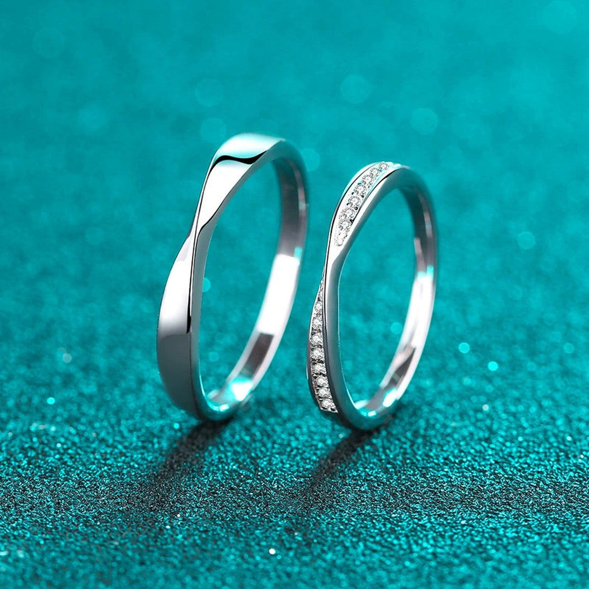 Couples Promise Ring Set product view showing moissanite setting and rhodium finish