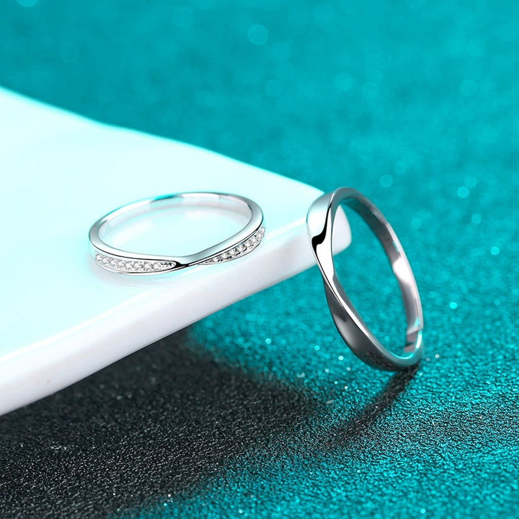 Couples Promise Ring Set product view showing moissanite setting and rhodium finish
