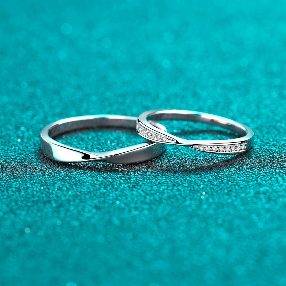 Couples Promise Ring Set product view showing moissanite setting and rhodium finish
