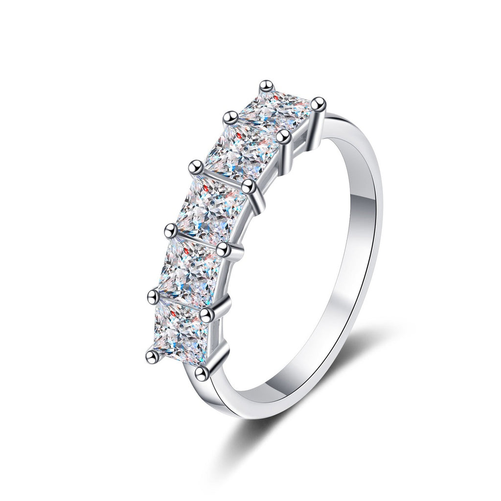 Princess Cut Moissanite Eternity Band Ring in rhodium-plated S925 sterling silver on clean white background