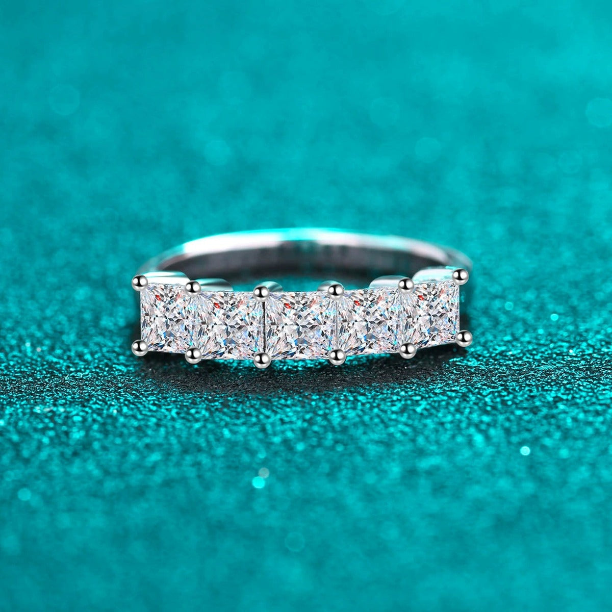 Princess Cut Moissanite Eternity Band Ring product view showing moissanite setting and rhodium finish